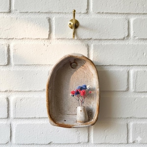 Rustic small ceramic wall hanging with budvase, Terracotta finish ceramic altar 10 cm, ceramic wall vase