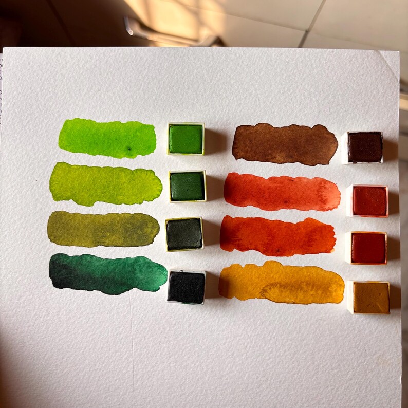 May include: Watercolor paint swatches in shades of green, brown, orange, and yellow. Each color is shown as a swatch and in a small square pan. The swatches are on white paper, with natural light casting shadows.