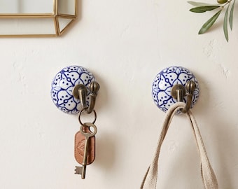 Blue white antique Ceramic Hook, ceramic Coat Hook,  ceramic Bathroom Hook, Hallway Hook, ceramic Wall Hook for Plants