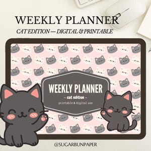Könnte beinhalten: Ein digitaler Wochenplaner mit Katzenmotiv. Der Planer hat einen rosa Hintergrund mit sich wiederholenden Katzenköpfen. Zwei Cartoon-Katzen sind auf der Vorderseite, und der Text lautet "WEEKLY PLANNER - cat edition - printable & digital use."