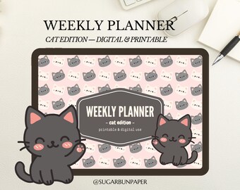 Weekly Planner Printable PDF | Cute Kawaii Cat Planner | Digital Download | GoodNotes & Print