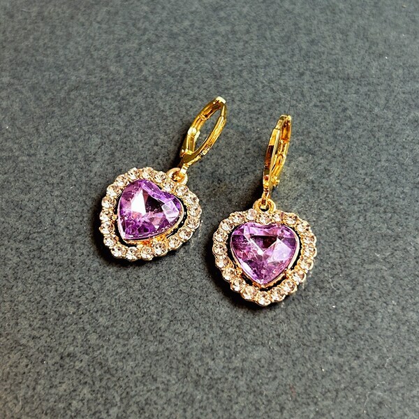 Purple Heart Earrings, Valentines Day Gift for Her, Purple Jewelry, Gold Loop Earrings, Cute Heart Earrings, Sparkly Heart Earrings