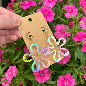 Iridescent Spongebob Earrings, Rainbow Flower Earrings, Spongebob Flower Earrings, Fun Dangle Earrings, Spongebob Gift