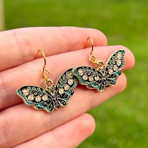 Floral Moth Earrings, Enamel Moth Dangle Earrings, Blue Moth, Pink Moth, Statement Earrings, Dangle Earrings, Gold Earrings
