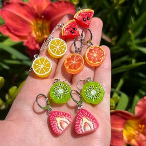 May include: A collection of small fruit-themed earrings featuring miniature charms shaped like watermelon slices, lemon slices, orange segments, kiwi slices, and strawberry pieces. Each charm is attached to a silver-toned metal hoop earring.