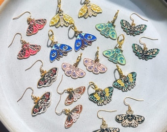 Moth Earrings: Floral Design, Gold Finish, Enamel, Dangle