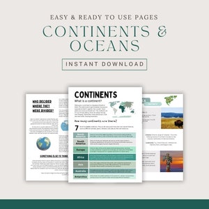 Op de afbeelding: Een printbaar werkblad met kleurrijke illustraties en tekst over continenten en oceanen. Het werkblad bevat een wereldkaart, een lijst met continenten en feiten over elk continent. De tekst bevat de vraag "Wie heeft besloten waar ze werden verdeeld?" en "Nog iets om over na te denken".