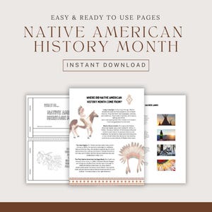 May include: A printable worksheet set for Native American History Month. The worksheets include a coloring page, a page with the question "What is Native American Heritage Month?" and a page with the question "Where did Native American History Month come from?" The worksheets are decorated with a Native American headdress, a horse, and a teepee.