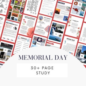 May include: A printable study guide for Memorial Day with over 30 pages of activities, including a word search, maze, and coloring pages. The guide features red, white, and blue colors and stars. The text "Memorial Day" is in large, bold letters.