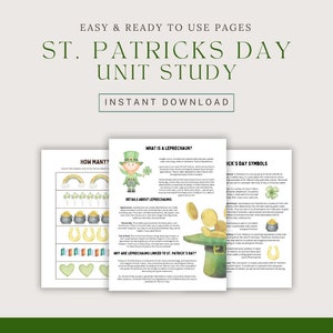 May include: A printable St. Patrick's Day unit study for kids. The pages include a leprechaun lesson, a counting activity, and information about St. Patrick's Day symbols.
