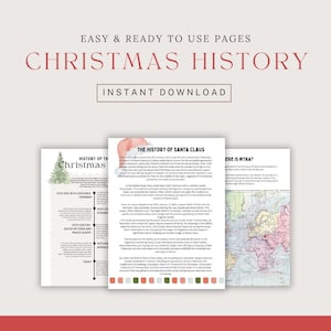 Op de afbeelding: Drie afdrukbare pagina's met informatie over de geschiedenis van Kerstmis en Sinterklaas. De eerste pagina heeft een tijdlijn van de geschiedenis van Kerstmis. De tweede pagina heeft een tijdlijn van de geschiedenis van Sinterklaas. De derde pagina heeft een kaart van Turkije met een rode stip die de locatie van Myra aangeeft.