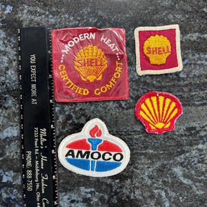 4 Shell Oil and Amoco Patches, vintage patches, Modern Heat Certified Comfort Shell patch