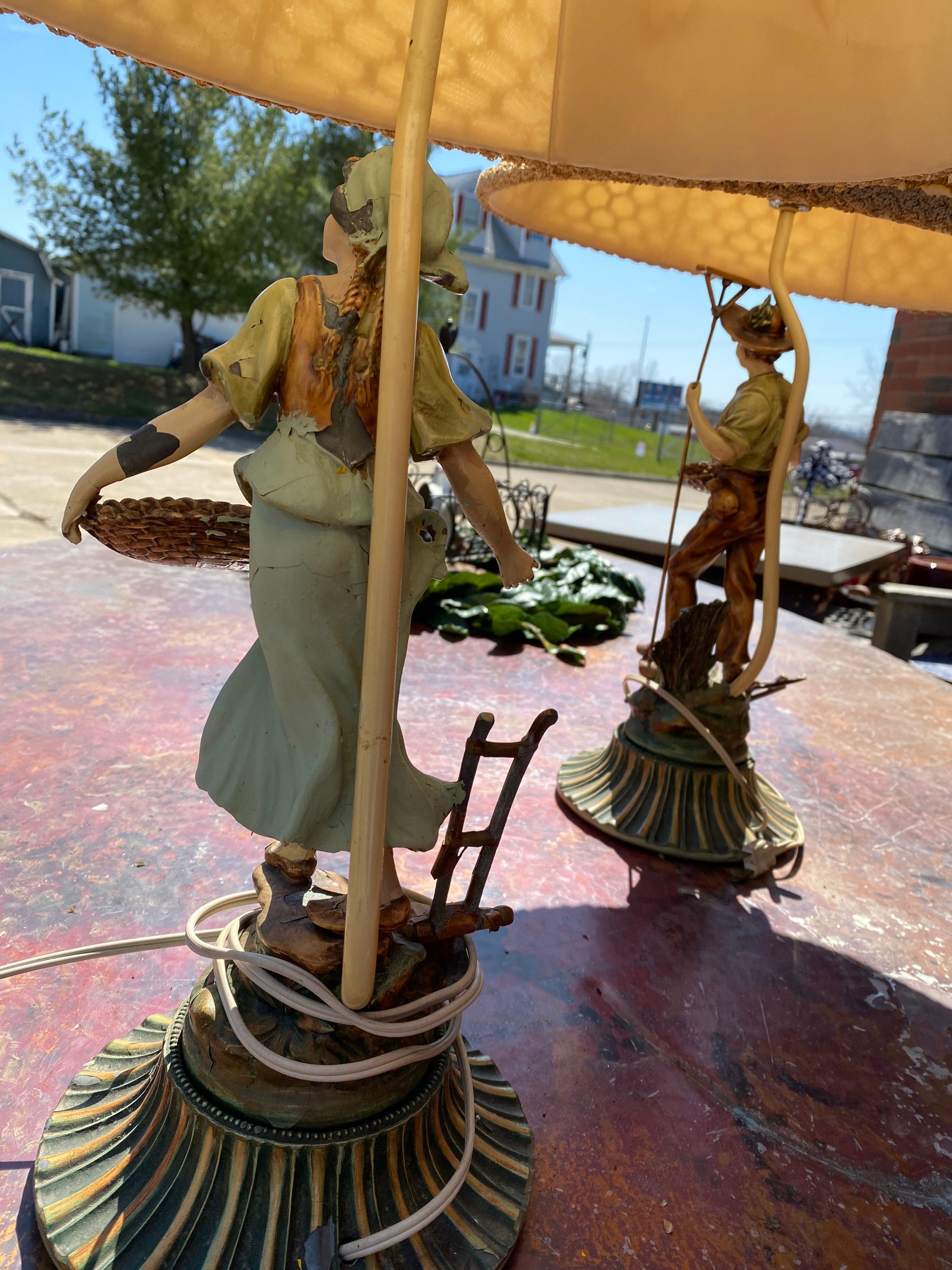 30 Farmer Figurines Lamp Couple, Antique Painted Steel, Original