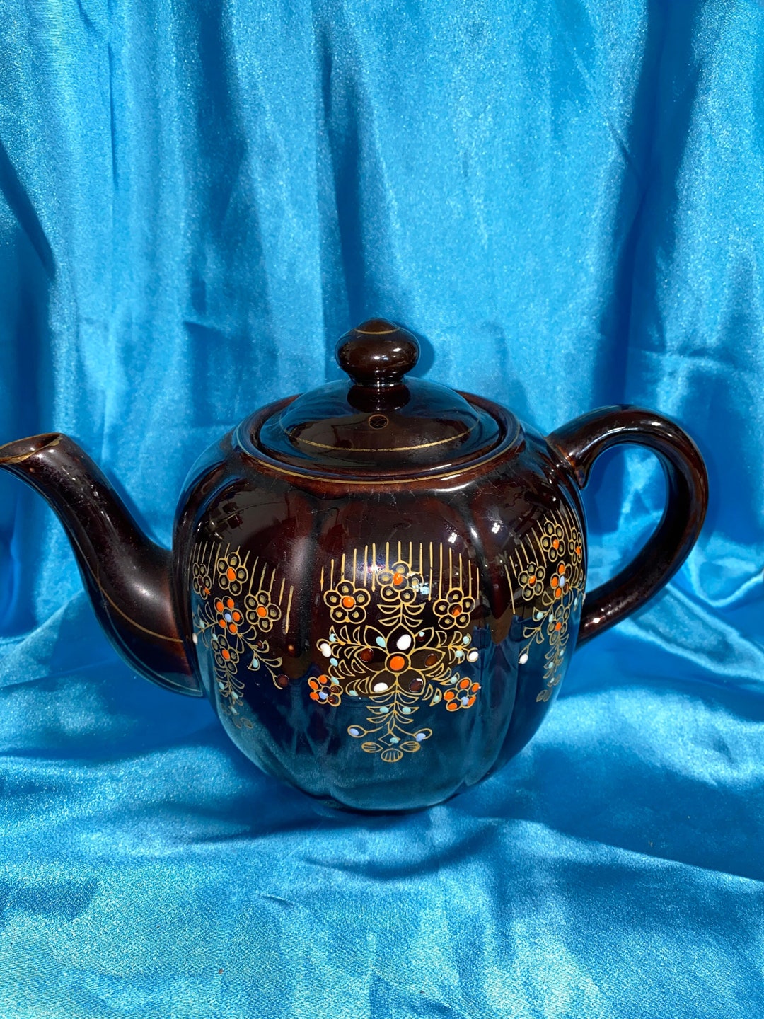 Large Moriage Teapot, Japan Redware, Dark Brown Glaze With Gold Leaf