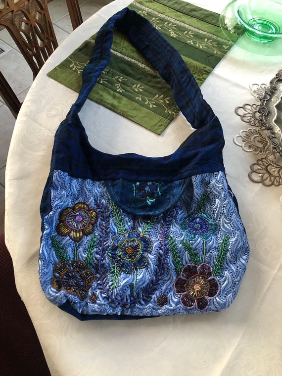 Hand Made Blue Art Purse, Front is beaded with a b
