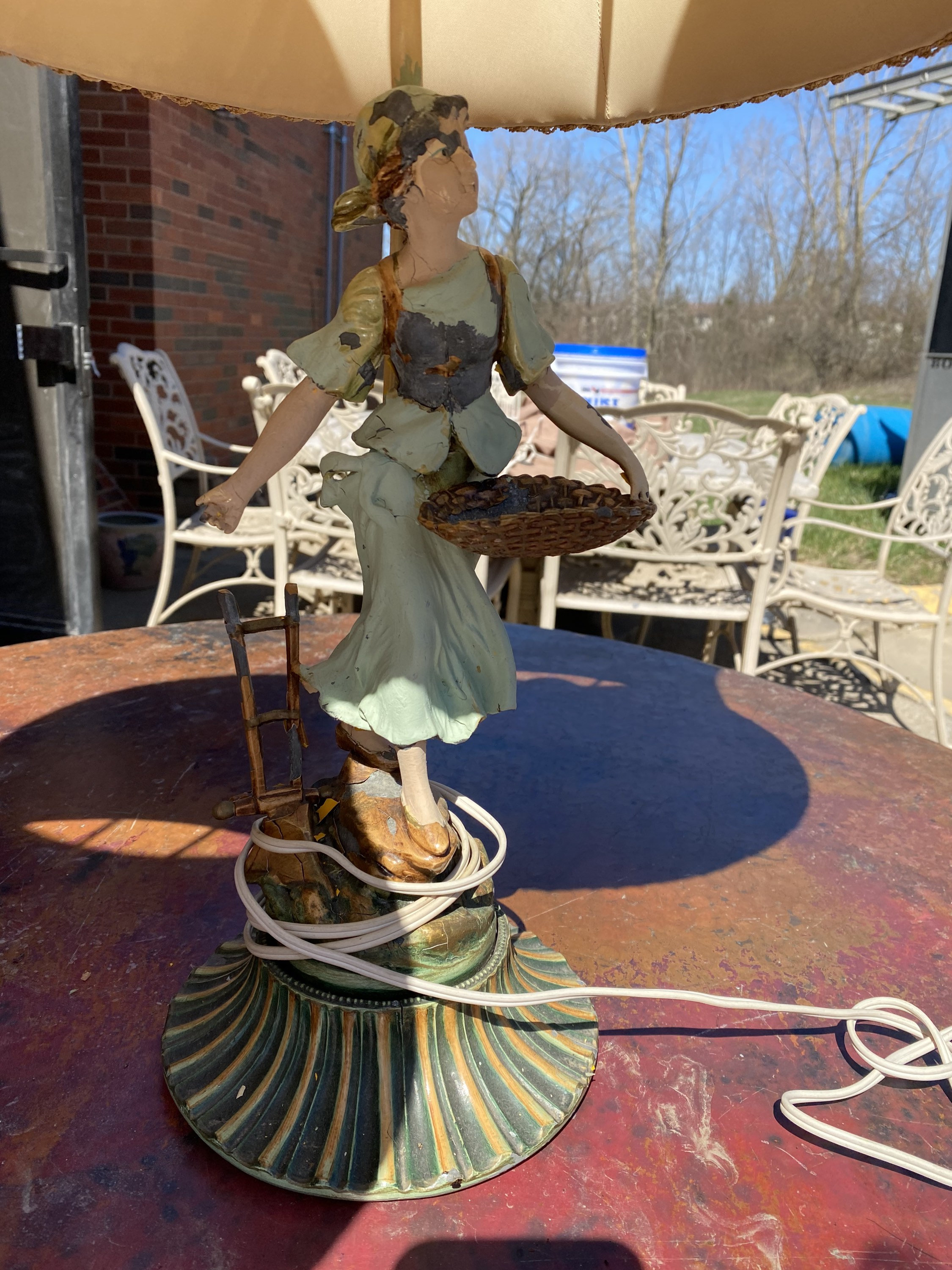 30 Farmer Figurines Lamp Couple, Antique Painted Steel, Original