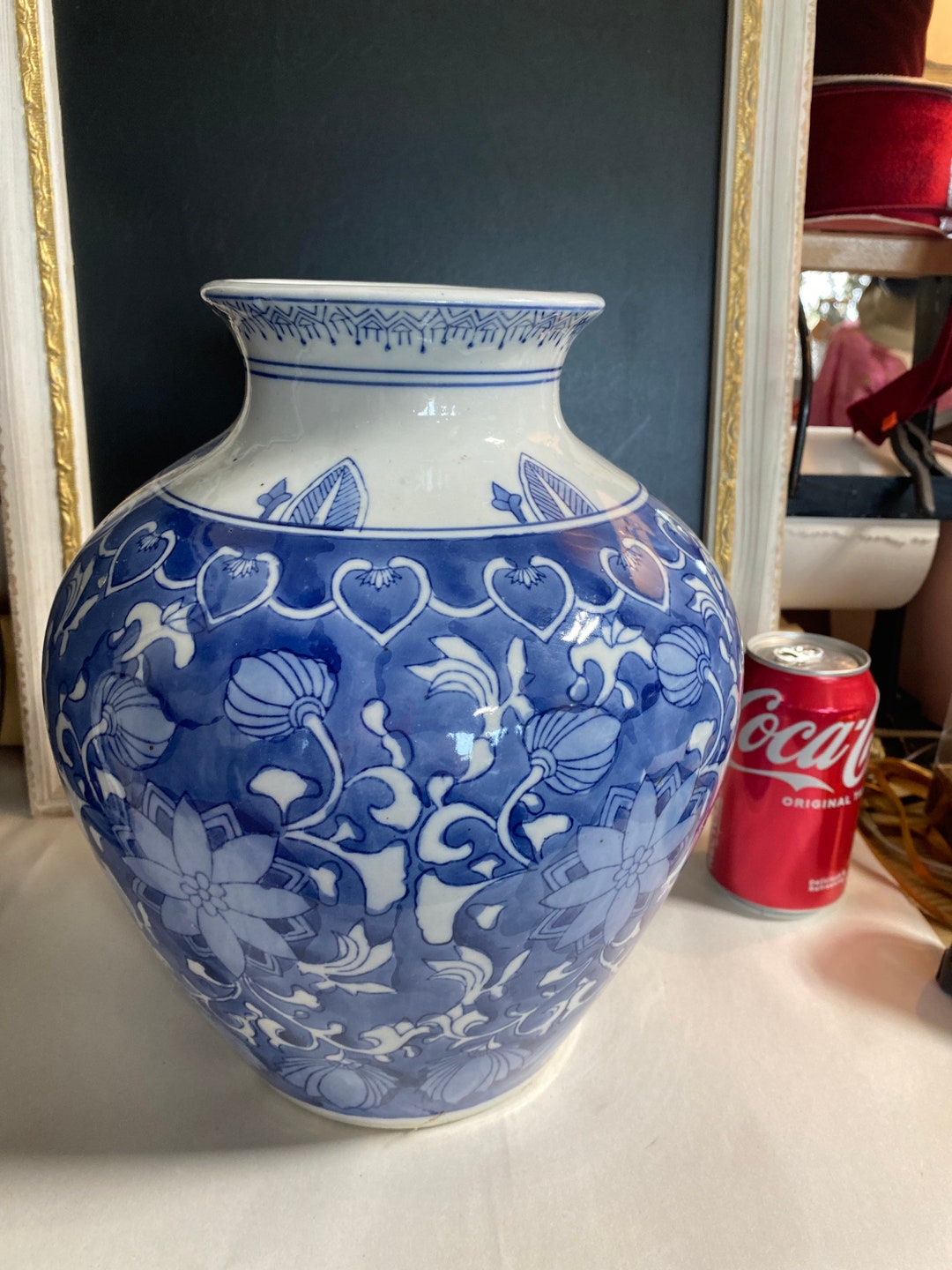 11 1/4 Tall Chinoiserie Vase Hand Painted Cobalt Blue 10 Wide at Widest