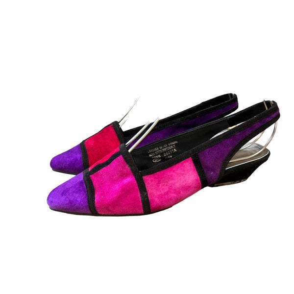 Vintage '80s Pimento Purple Pink Mondrian Color Block Suede Slingback Kitten Block Heels Sz 6