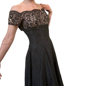 Vintage 1940s Black Taffeta Lace Off-the-Shoulder Evening Gown Cocktail Dress Tea Length XS