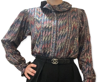 Vintage 80s Evan Picone Lord & Taylor Silky Watercolor Purple Blue Ruffle Neck Blouse Small Medium