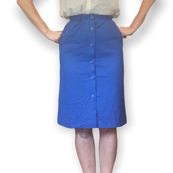 Vintage 1960s High Waisted Pencil Wiggle Skirt Blue Buttons, Belt Loops & Pockets XS