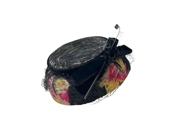 Vintage 1960s Rori Original Feather Hat Pillbox Netting Velvet Bow w/ Pin and Original Box