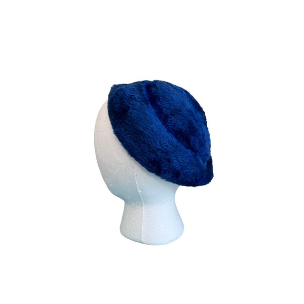 Vintage 1960s Duchess Royal Blue Fuzzy Faux Fur Turban-Style Hat Made in Italy