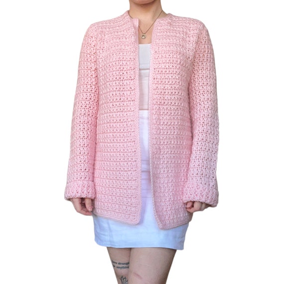 Vintage '70s Handmade Cotton Candy Pink Chunky Knit Crochet V-Stich  Cardigan Open Front