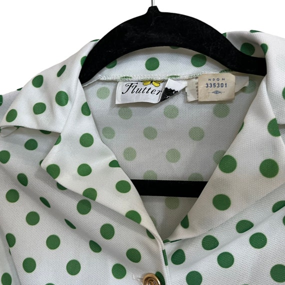 Vintage 1970s Flutterbye White Green Polka Dot Sh… - image 7