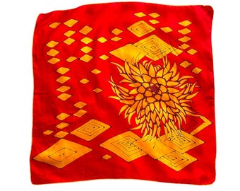 Foulard en soie vintage des années 70 et 80 bords roulés rouge orange floral géométrique 26 po. carré