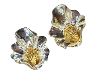 Vintage 80s Mimi di N Gold Silver Tone Hibiscus Poppy Flower Clip-On Earrings