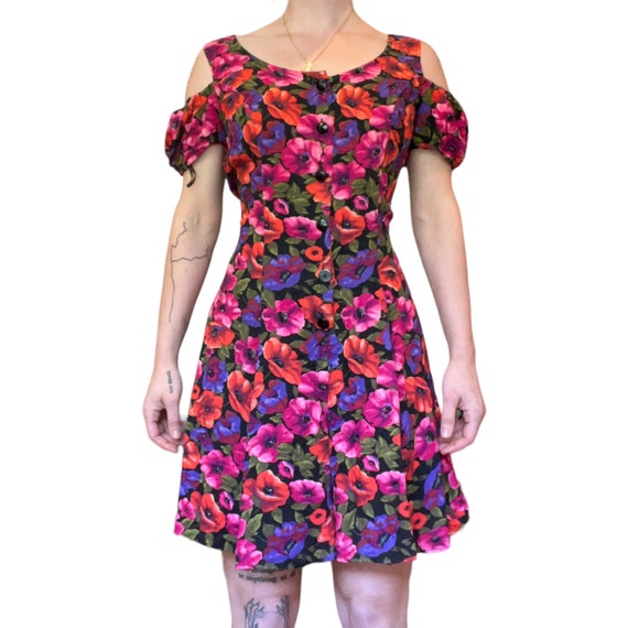 Vintage '90s Black Pink Purple Floral Print Plays… - image 2