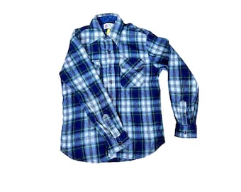 Vintage 60s Chandler Blue Black White Plaid Cotton Flannel Shirt