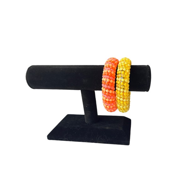 Vintage 1970s Chunky Lucite Seed Beaded Bangles S… - image 1