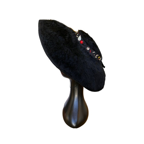 Vintage 1940s Wm. Fielding Fur Felt Saucer Platter Cartwheel Hat Wide Brim Tilt Beaded Bow