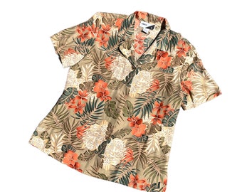 Vintage 80-90-tals Jennifer L. 100 % siden tropiskt djungelmönster tigermotiv krage kortärmad blus M/L