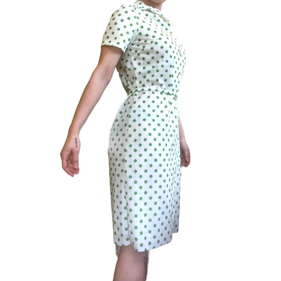 Vintage 1970s Flutterbye White Green Polka Dot Sh… - image 2