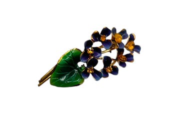Antique Vintage Austria Gold Tone Enamel Violet Bouquet Suffragette Brooch