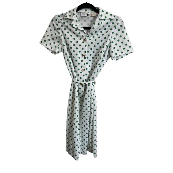 Vintage 1970s Flutterbye White Green Polka Dot Sh… - image 5