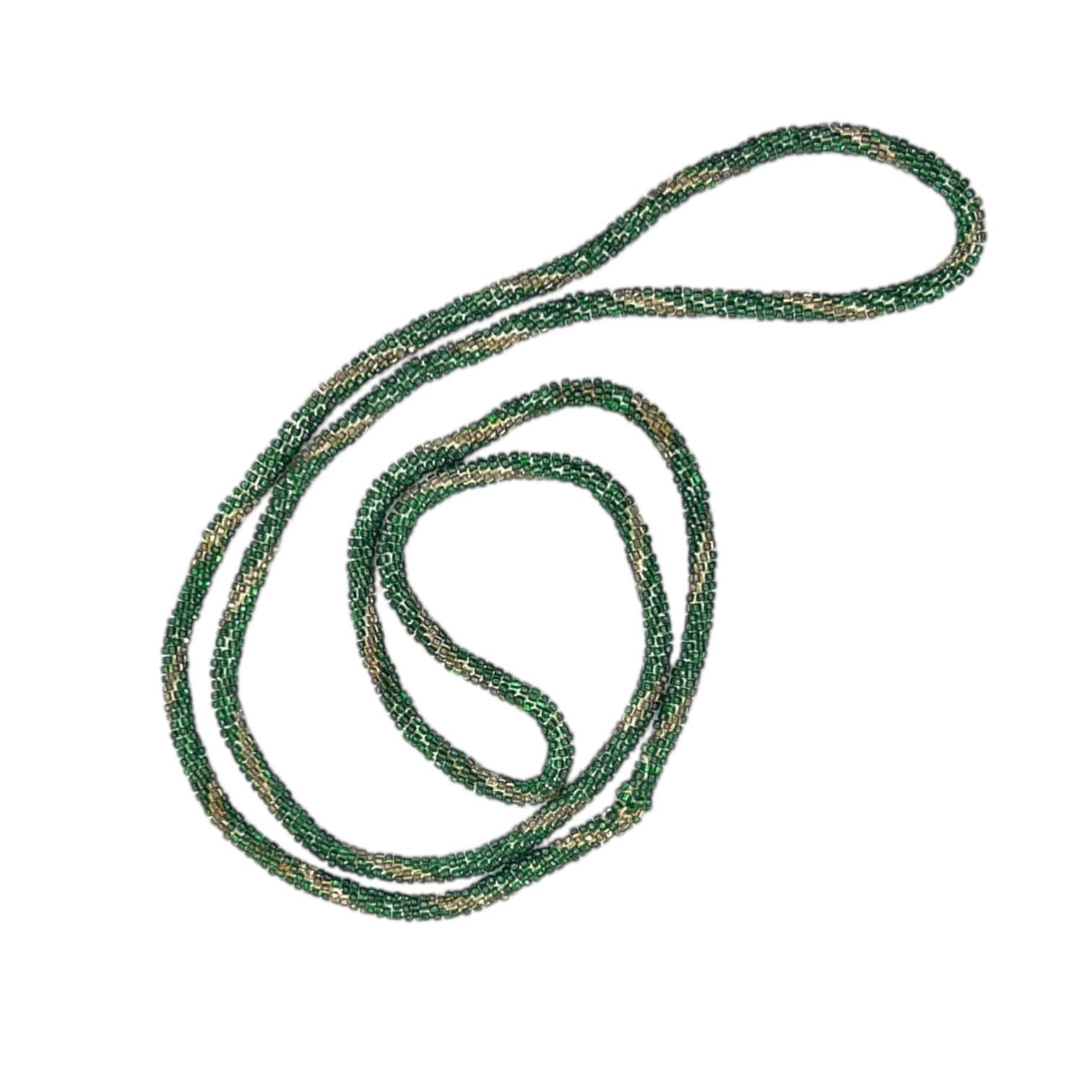 Antique Vintage 1920s Flapper Necklace Art Deco Glass Seed Bead Rope Emerald Green Gold