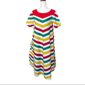 Vintage 1960s Handmade Mod Chevron Striped Tent Swing Shift Dress Rasta Colors M/L