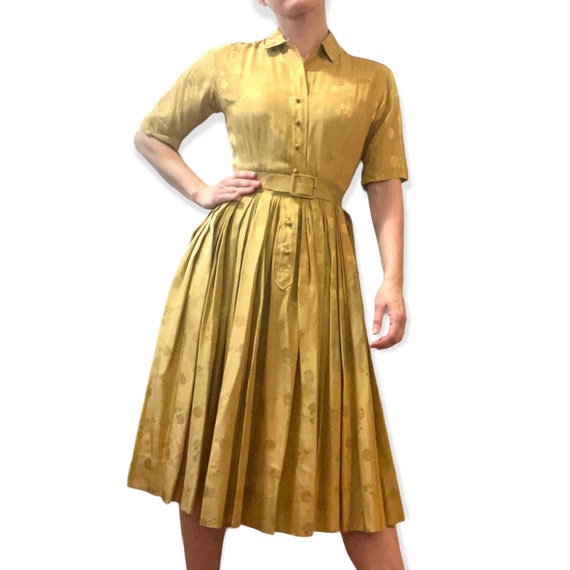 Vintage 1950s Royal Lynne Gold Belted Shirt Dress… - image 1