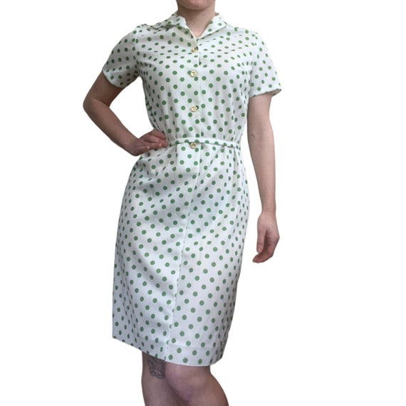 Vintage 1970s Flutterbye White Green Polka Dot Sh… - image 1