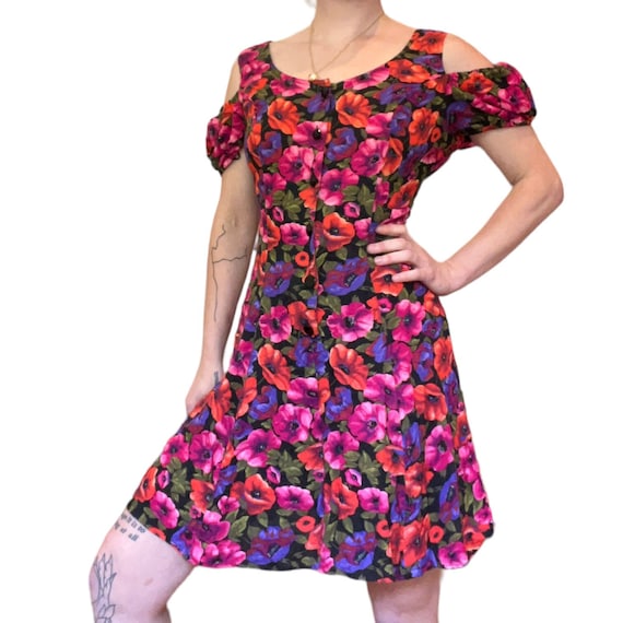 Vintage '90s Black Pink Purple Floral Print Plays… - image 1