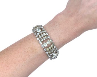 Vintage Art Deco Five Row Clear Crystal Rhinestone Chunky Bracelet Prong Set