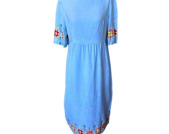 Vintage '70s Handmade Blue Western Embroidered Prairie Midi Dress Boho Cottagecore M/L