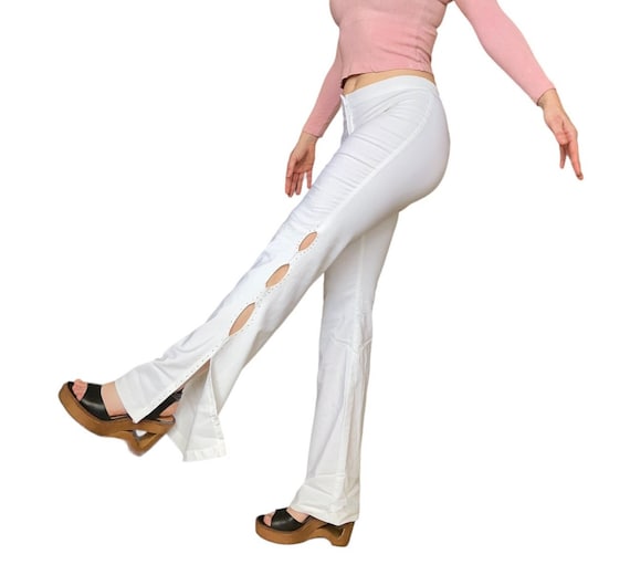VTG Y2K Koji Yohji lage taille witte wijd uitlopende broek met juwelen  bezaaid bezaaid uitgesneden maat 7 - Etsy Nederland