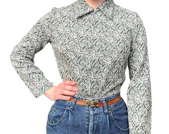 Vintage '70s Double Knit Floral Brocade Forest Green Blouse Zipper Front M/L