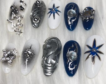 Y2K White & Blue Press On Nails, Chrome Stars, Handmade Charms