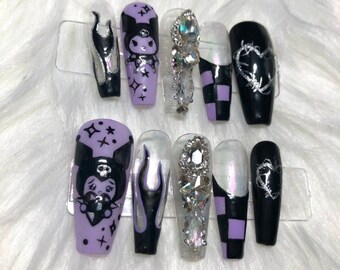 Black Goth Press on Nails With Charms - Etsy